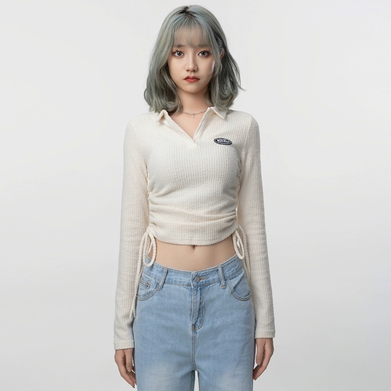 ***Hot Girl Slim Lace Up Short Long Sleeve T-Shirt Women's 2023 Autumn Sweet Cool Bottoming Shirt Slim Top