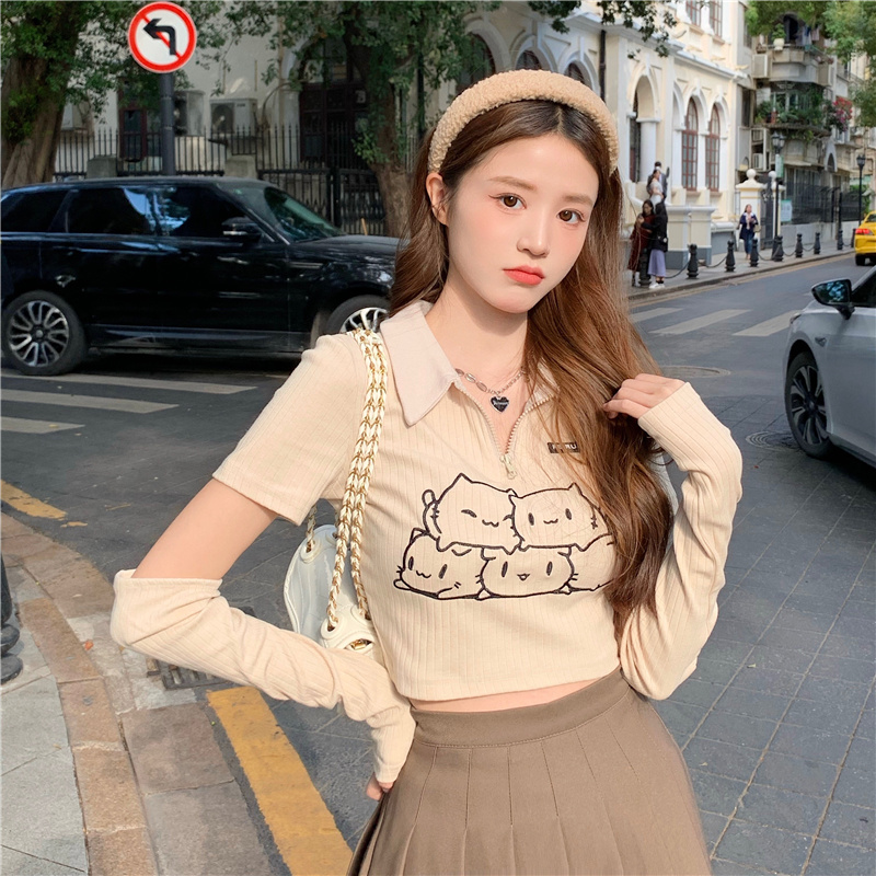 Polo collar T-shirt with sleeves for women, new summer design, niche inner wear, short sweet top