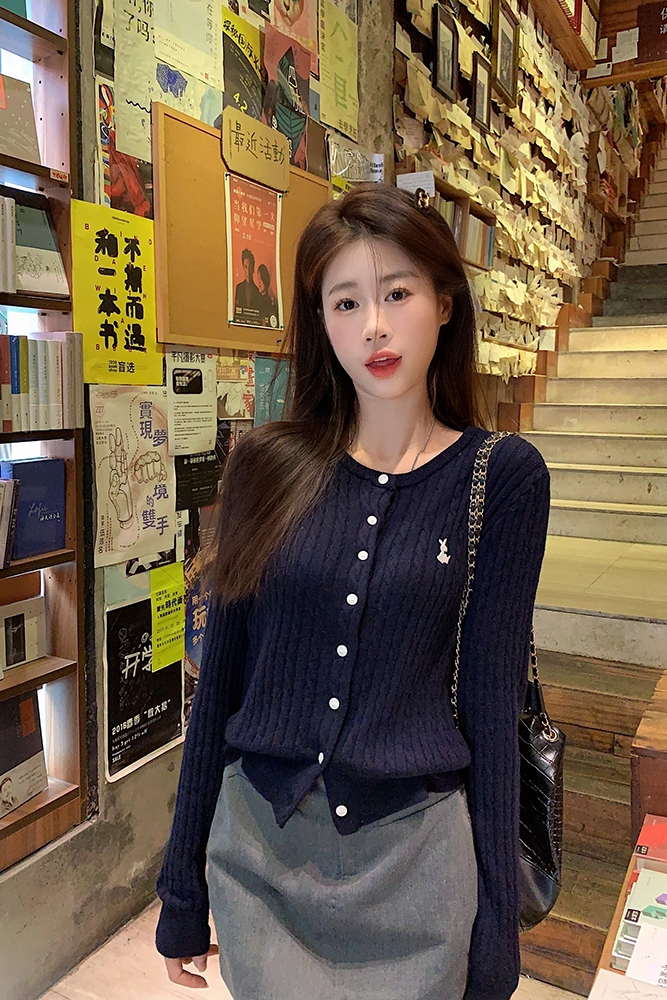 3860# Twist knitted sweater short coat for women autumn navy blue sweater slimming long-sleeved cardigan top