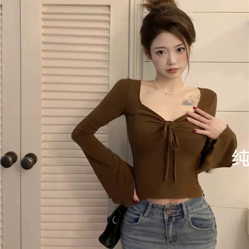 Pure Desire Square Neck Right Shoulder T-Shirt Long Sleeve Women's Spring Short Style For Fat Girls Hot Girls Look Slim With Knitted Tops