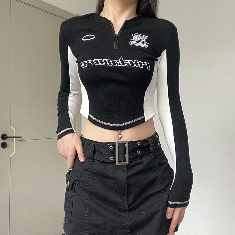 Jin Liang Official Photo Functional style zippered half placket long sleeve contrasting color T-shirt women's top slim fit hot girl riding