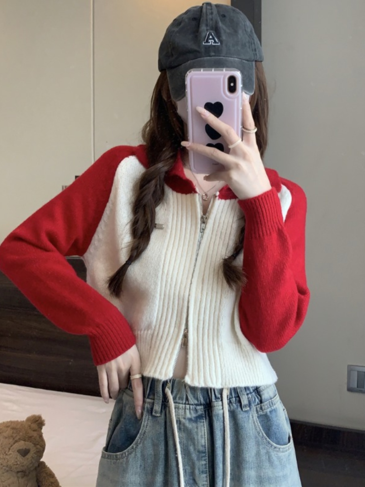 3928#Contrast color sweater cardigan coat for women autumn and winter 2023 new style short knitted top for small people