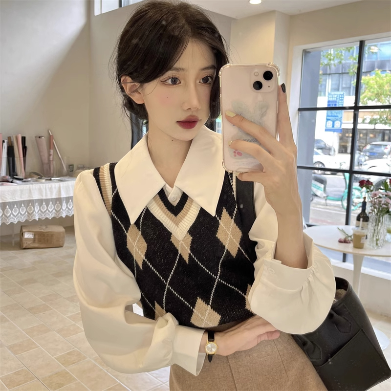 3893# Diamond V-neck knitted vest for women autumn and winter 2023 new layered sweater vest vest top