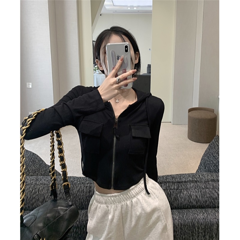 Jin Liang Official Picture 2023 Autumn and Winter New Hot Girl Hooded Pocket Slim Zipper Cardigan Jacket Tops for Women