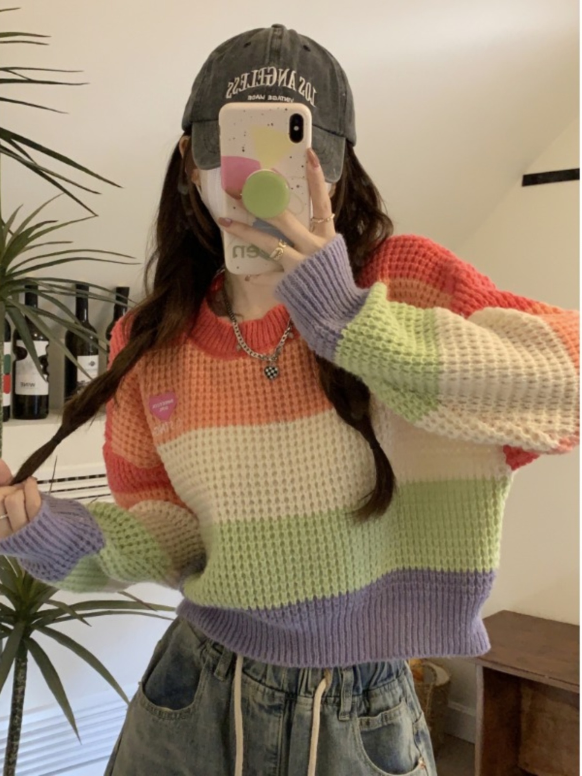 3905# Waffle Pullover Rainbow Stripe Short Pullover Sweater Women's Autumn and Winter Inner Knitwear Small Trendy