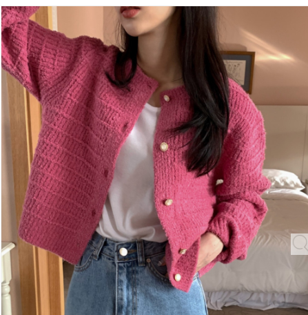 Korean chic early spring French textured braided small fragrance single-breasted short round neck knitted cardigan top for women