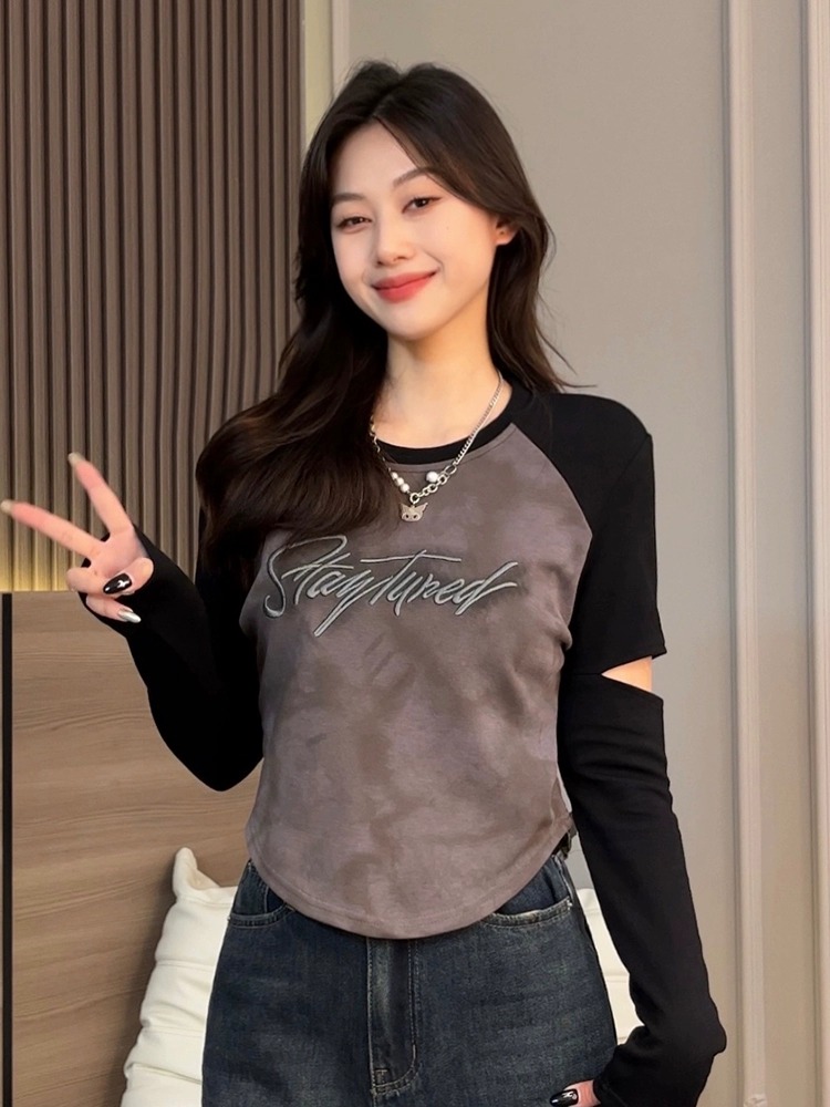 Design sense niche chic hollow top women's autumn and winter age-reducing slimming letter embroidered long-sleeved T-shirt bottoming shirt