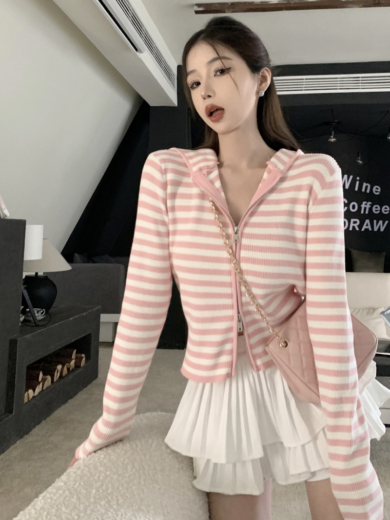 3857# Striped hooded knitted cardigan women's autumn pure lust style zipper sweatshirt jacket new loose and slim