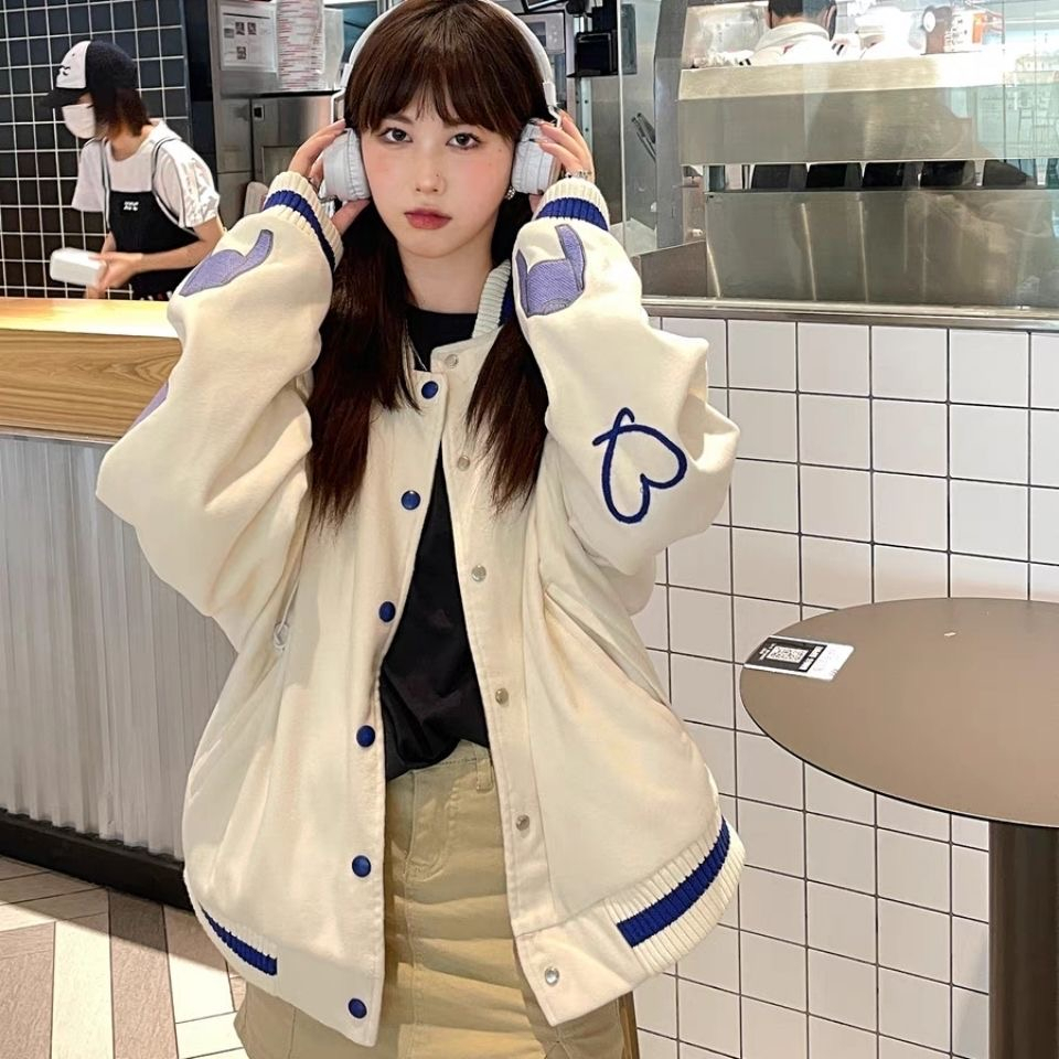 Double screw mouth baseball jacket for women plus velvet winter ins trendy Korean version versatile jacket bf lazy style couple