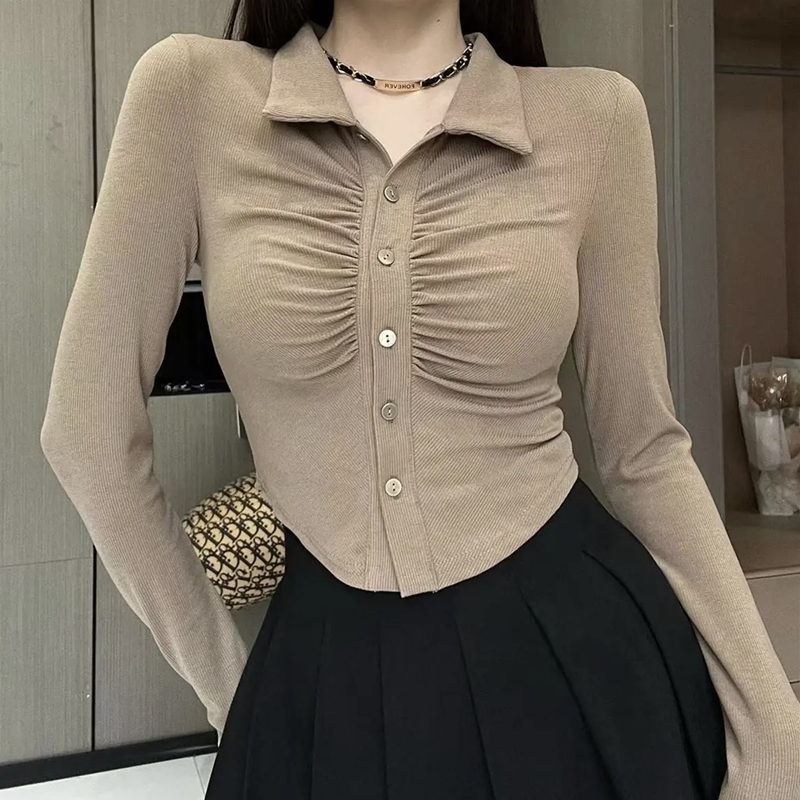 Autumn and winter new style pure desire polo collar pleated slim fit versatile long-sleeved top 2023 early autumn short bottoming shirt