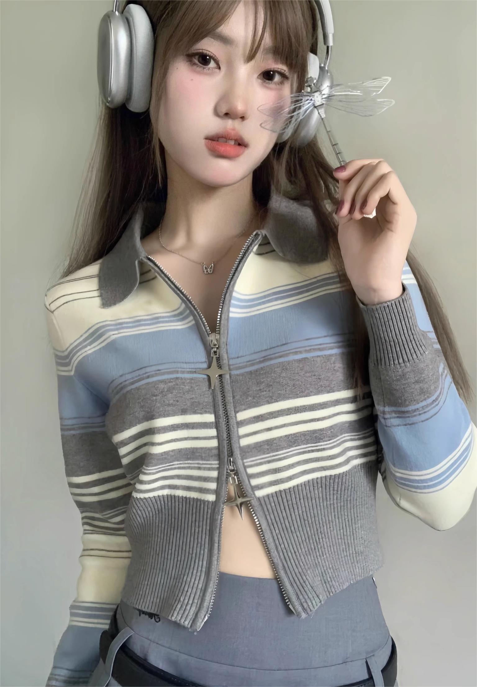 Early autumn new sweater jacket women's design striped polo collar double zipper top niche short knitted cardigan