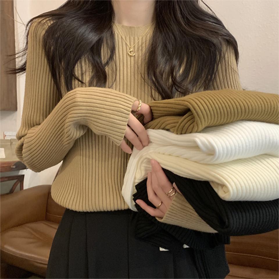 Apricot slimming sweater for women in fall and winter slim sweater with base layer autumn and winter high-end long-sleeved top