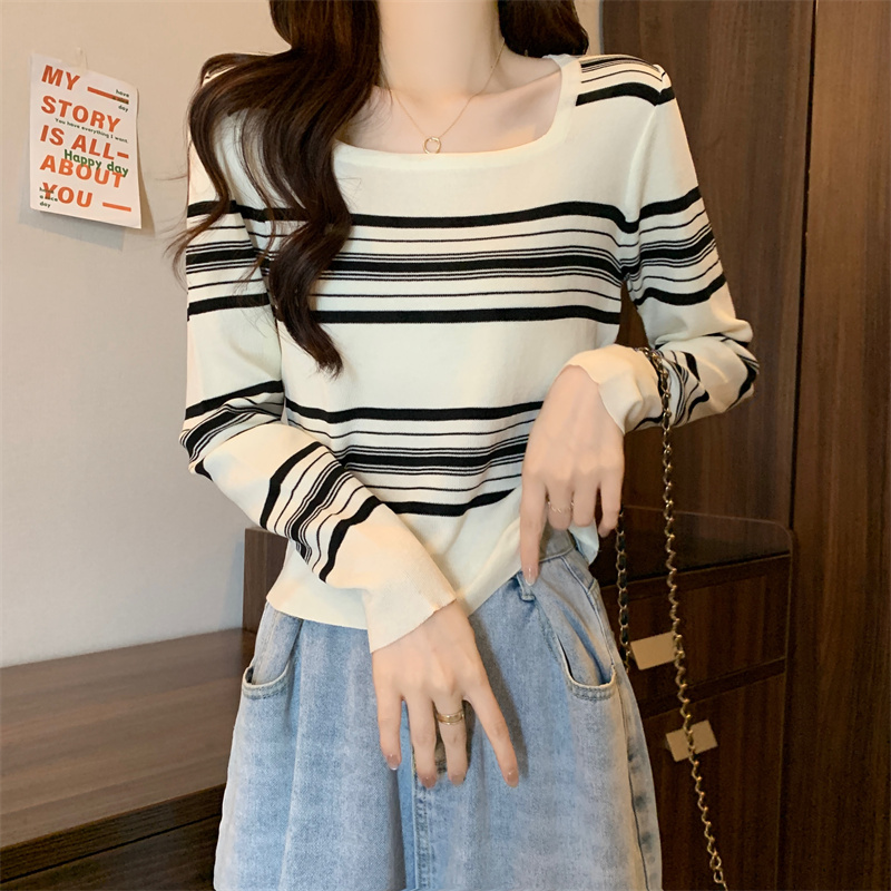 Large size striped long-sleeved t-shirt for women autumn 2023 new women's square neck sweater right shoulder bottoming top for fat mm