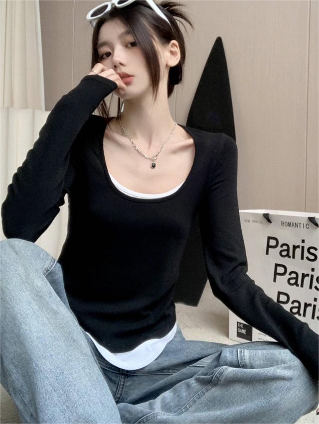 Black fake two-piece long-sleeved T-shirt for women in autumn, niche design, slim fit, irregular bottoming shirt, sweet and spicy top
