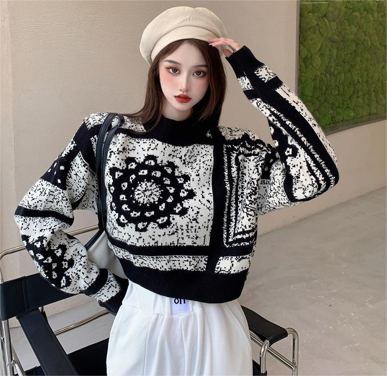 Korean ins retro jacquard sweater for women autumn and winter 2023 lazy loose style pullover sweater short top