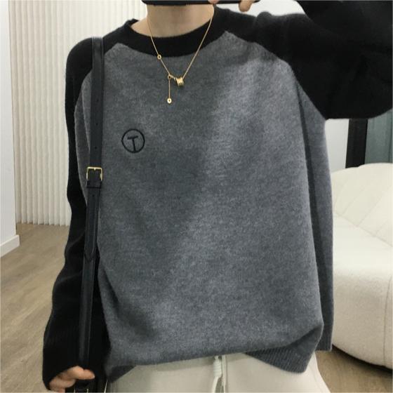 Fine rice custom-made Korean style contrasting raglan sleeve cashmere feel warm embroidered round neck sweater knitted bottoming shirt for women winter