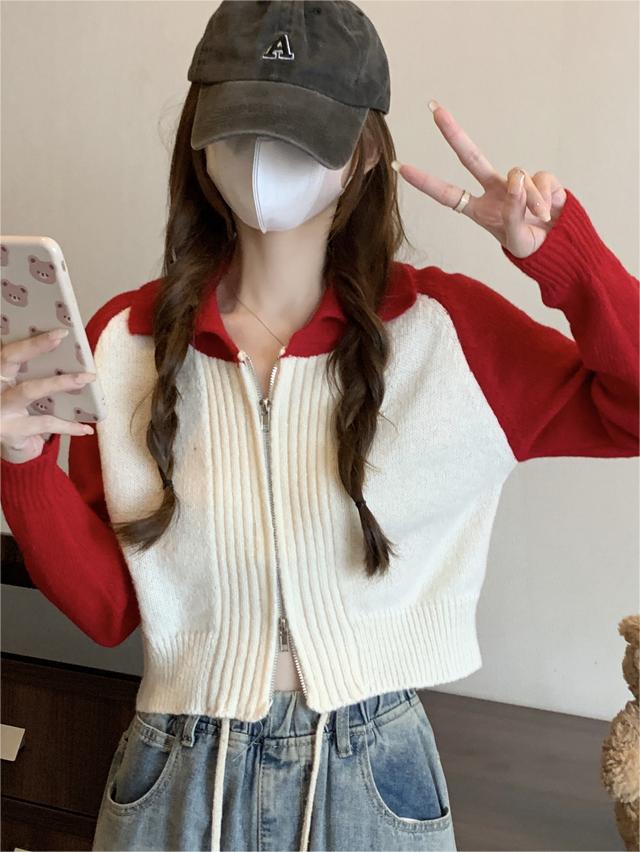 Chic contrasting color sweater cardigan coat for women spring autumn winter 2023 new style short knitted top for small people