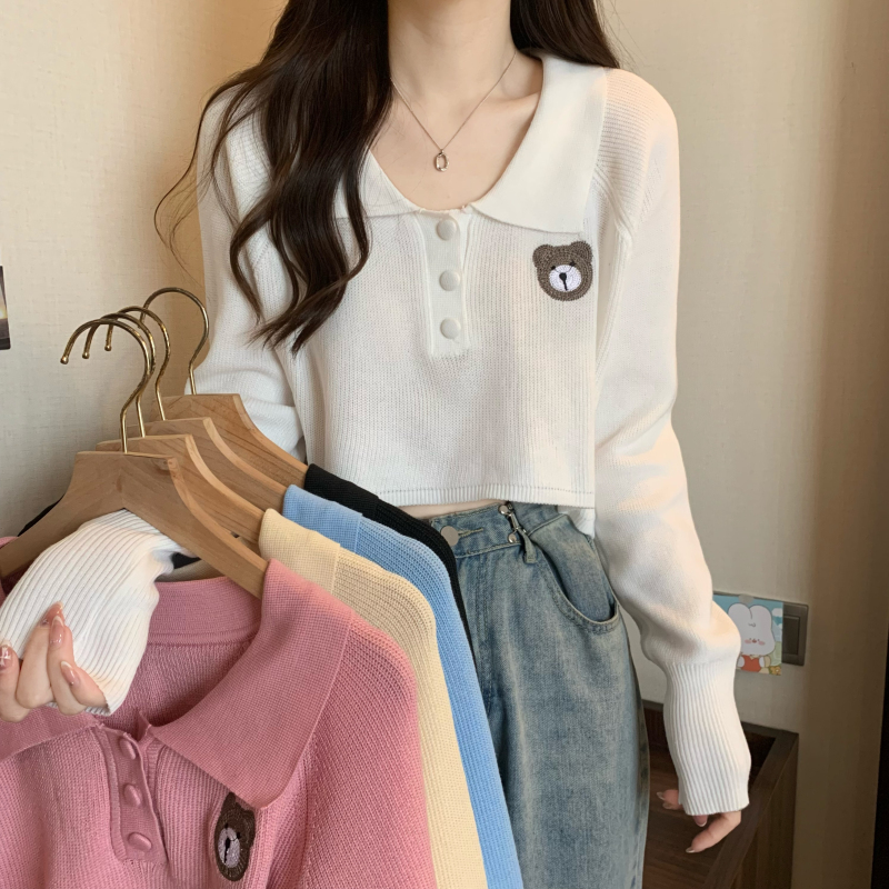 Knitted sweater long-sleeved T-shirt for women with niche design Polo collar inner layer autumn chic short sweet top