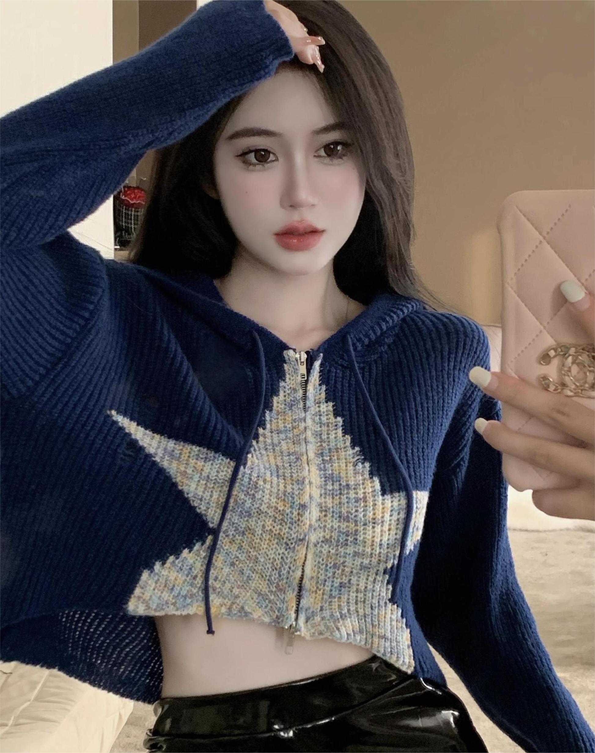 Irregular hooded knitted short cardigan jacket for women 2023 autumn and winter new design sweater lazy style top