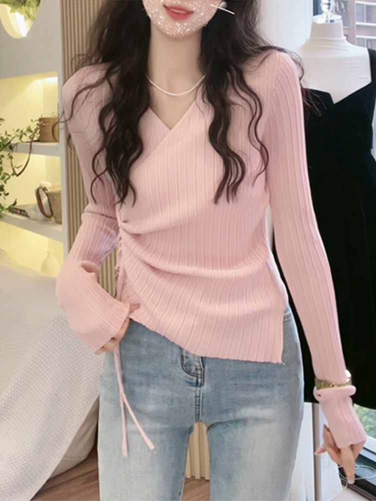 Early autumn pink V-neck sweater for women 2023 new women's season slim-fit irregular long-sleeved top bottoming shirt