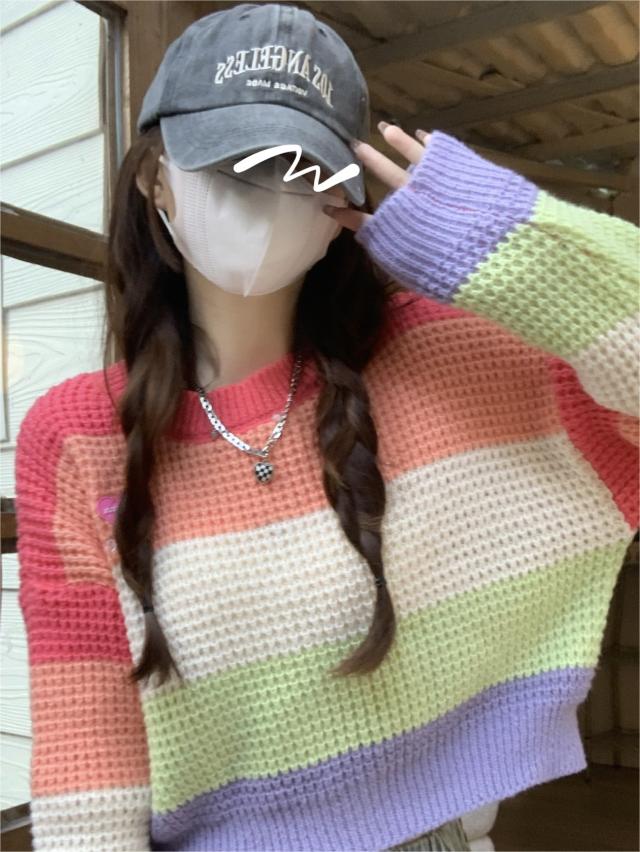 Waffle pullover rainbow stripe short pullover sweater for women autumn and winter inner sweater sweet top for little people