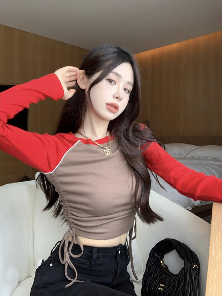 Pure lust style long-sleeved inner T-shirt for women in autumn hot girl design niche drawstring slim and unique bottoming shirt top