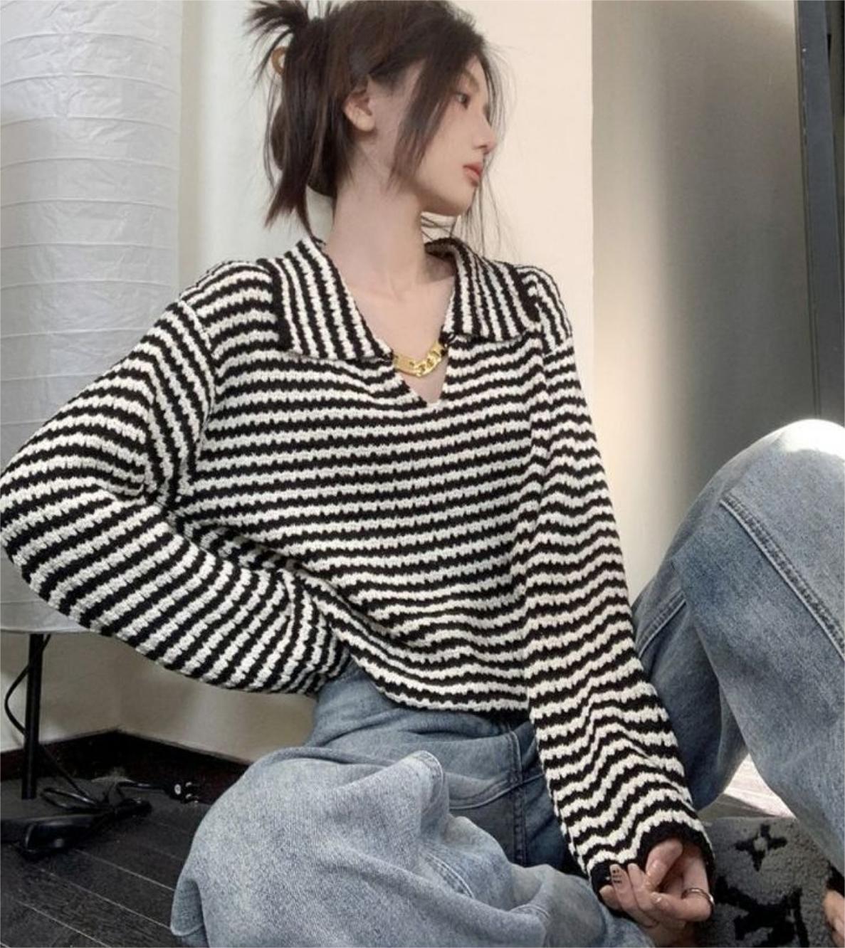 French Hepburn style doll collar sweater for women spring chain design loose lazy style striped sweater top