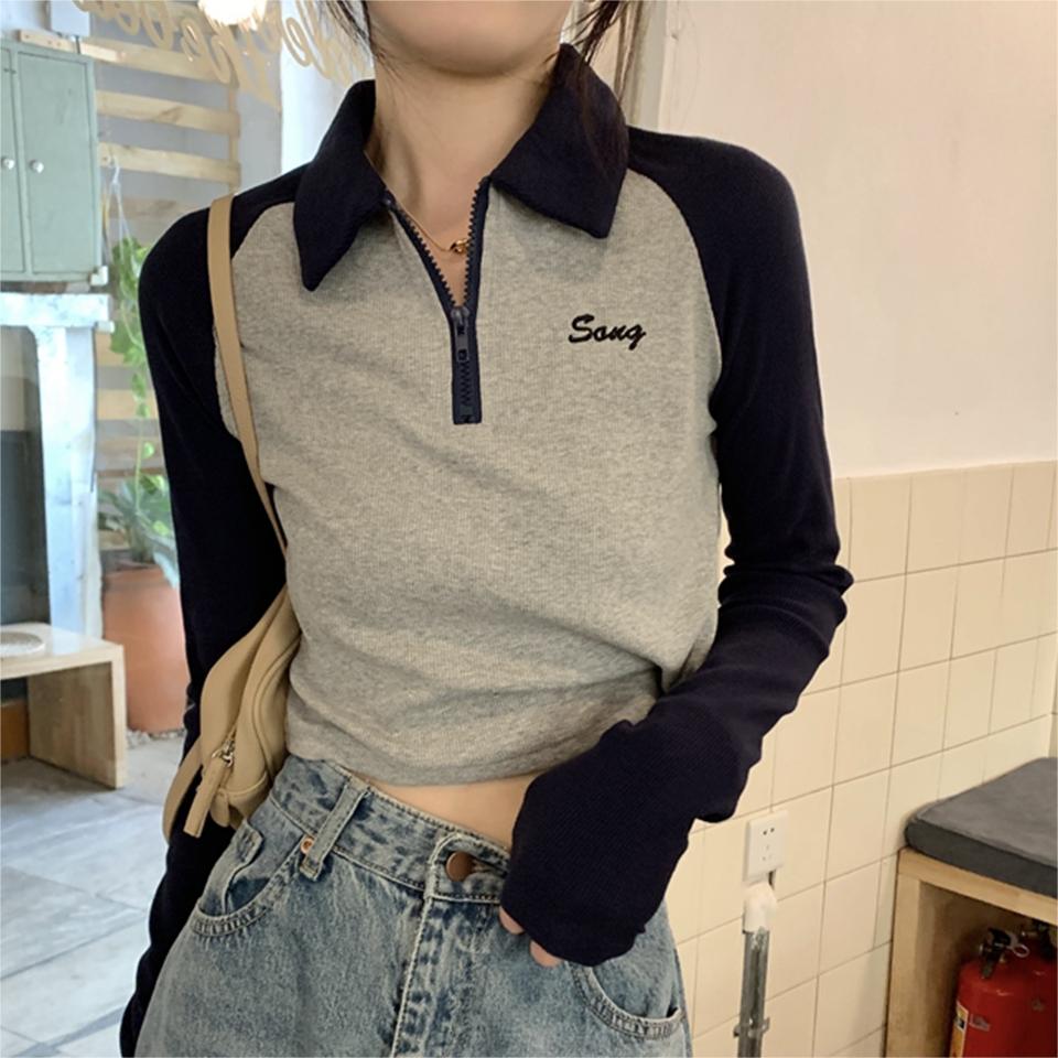 American contrasting color polo collar long-sleeved T-shirt bottoming shirt for girls in early autumn slimming slim short top