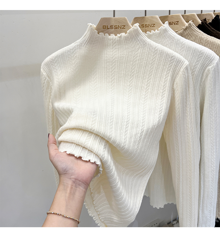 Fungus edge knitted sweater half turtleneck bottoming shirt for women in autumn and winter, white bottoming sweater for women, new top for spring and autumn