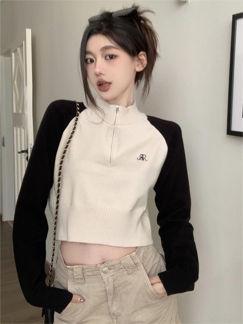 韓版學院風撞色立領女秋季寬鬆顯瘦百搭插肩長袖針織衛衣休閒上衣
