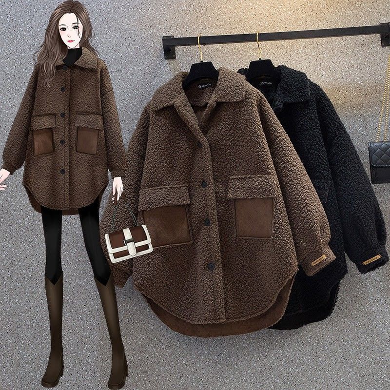 Plus size women's autumn and winter clothing new fat girl slimming thickened lamb wool chic Hong Kong style design jacket