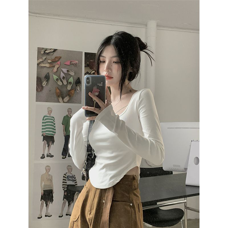 Official picture ready-made design sense niche pure lust style hot girl slim long-sleeved irregular short top