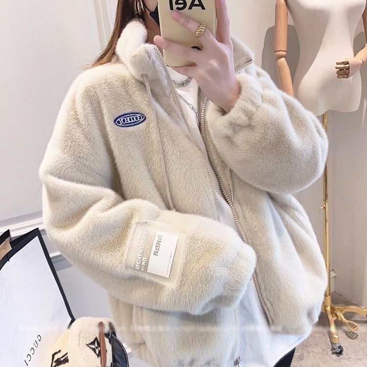 Korean style imitation mink velvet jacket for women plus velvet thickened winter new ins age-reducing stand-up collar loose jacket
