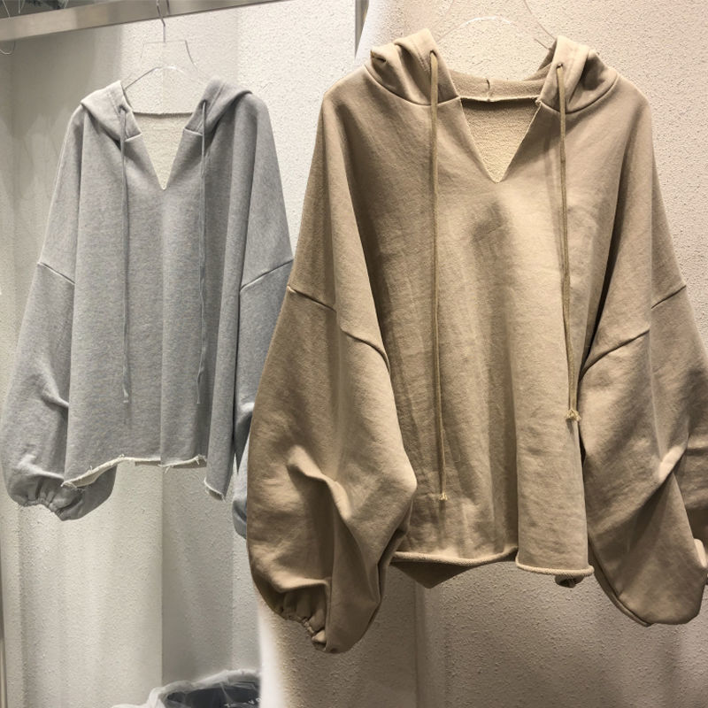 Autumn and winter sweatshirt women's large size thin BF lazy style V-neck hooded Korean style Batman loose top