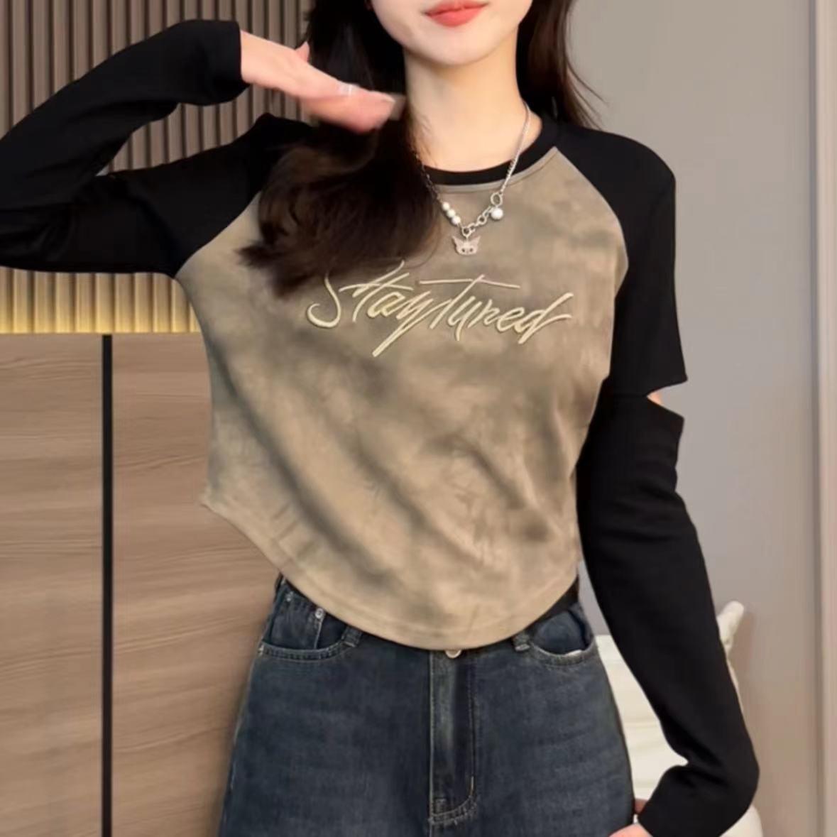 Ice silk thread design, unique hollow top, women's letter embroidered long-sleeved T-shirt bottoming shirt