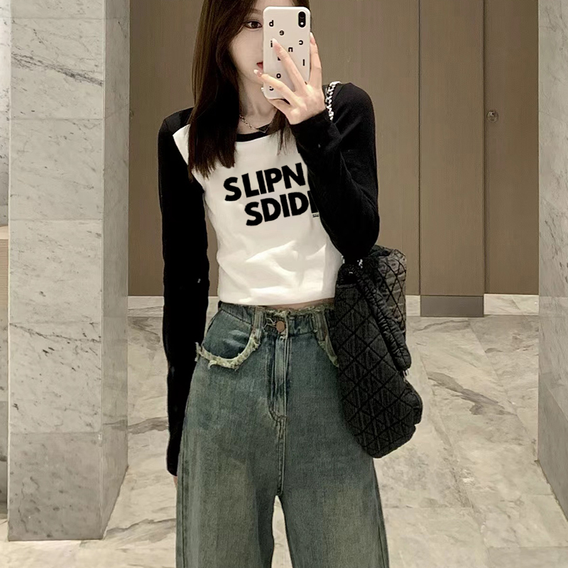 Right shoulder long-sleeved T-shirt for women, spring and autumn inner layering shirt, niche design, slimming, high-waisted, short, petite top