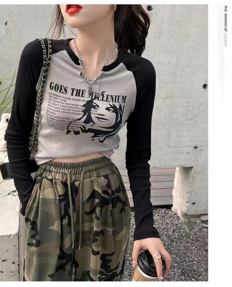 Ribbed raglan T-shirt for women, long-sleeved inner layered shirt, short top for women