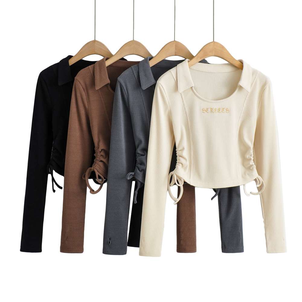 Ice silk thread American retro bottoming shirt for women in winter with European and American hottie strap tight knitted T-shirt
