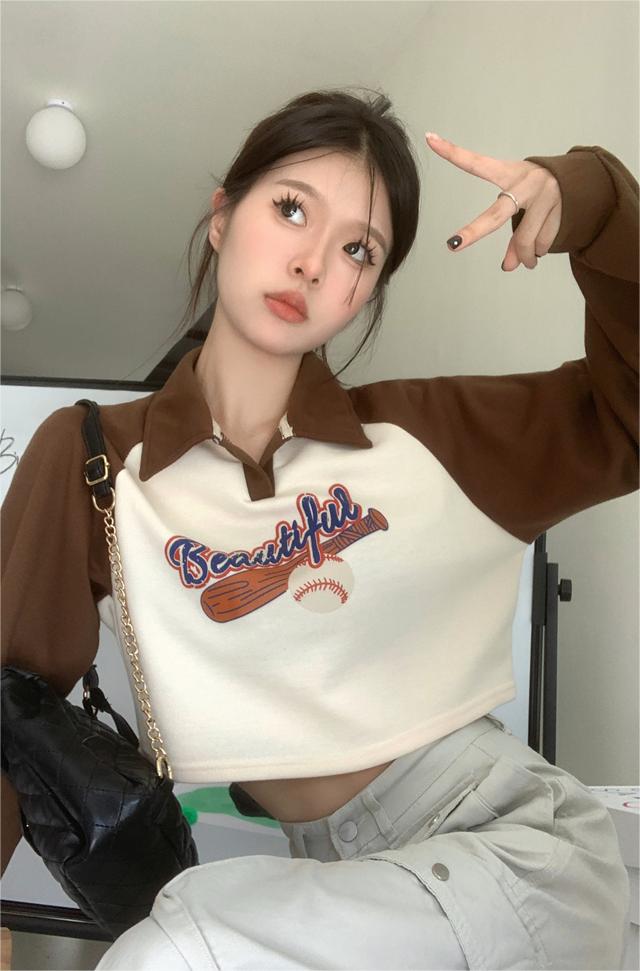 Official picture of large fish scale 260g thin sweatshirt for women with printed POLO collar stitching