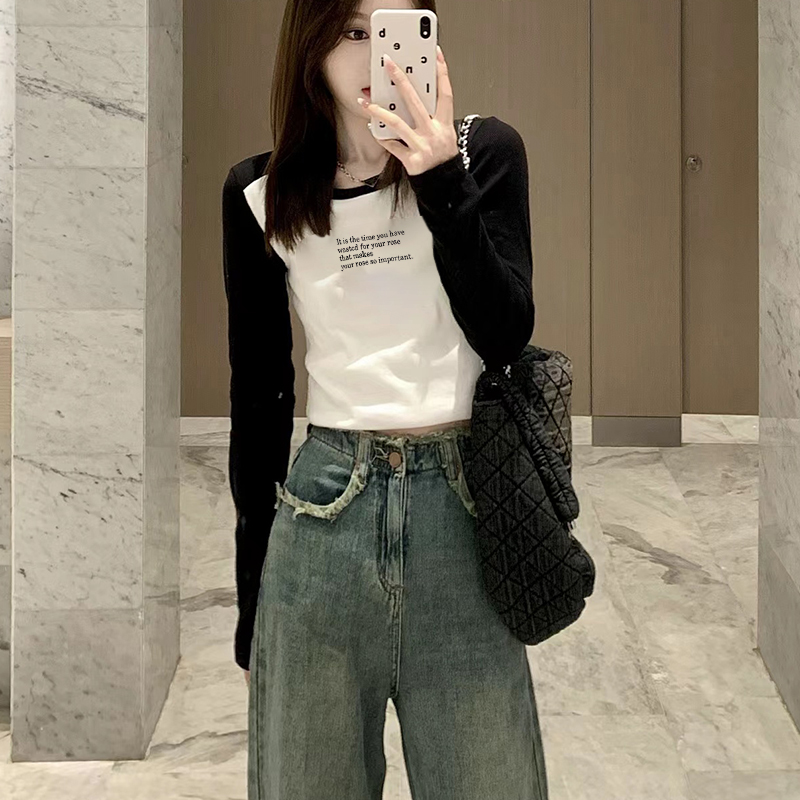 Right shoulder long-sleeved T-shirt for women, spring and autumn inner layering shirt, niche design, slimming, high-waisted, short, petite top