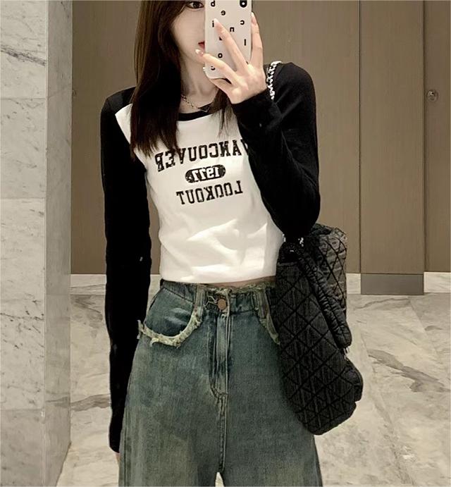 Right shoulder long-sleeved T-shirt for women, spring and autumn inner layering shirt, niche design, slimming, high-waisted, short, petite top