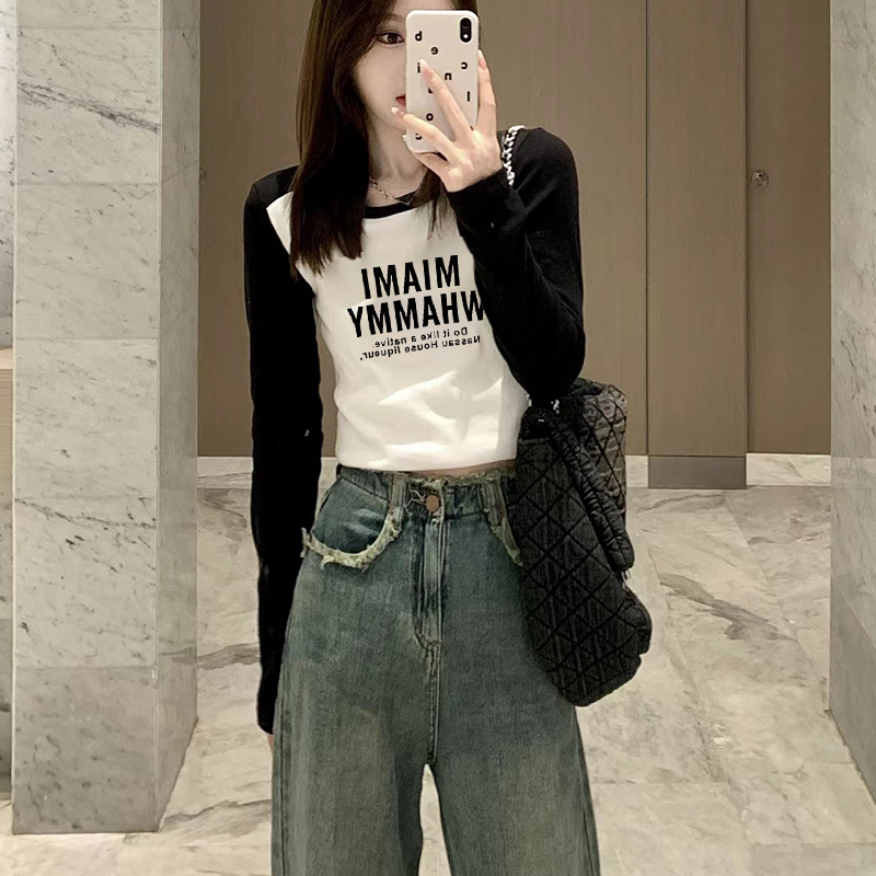 Right shoulder long-sleeved T-shirt for women, spring and autumn inner layering shirt, niche design, slimming, high-waisted, short, petite top