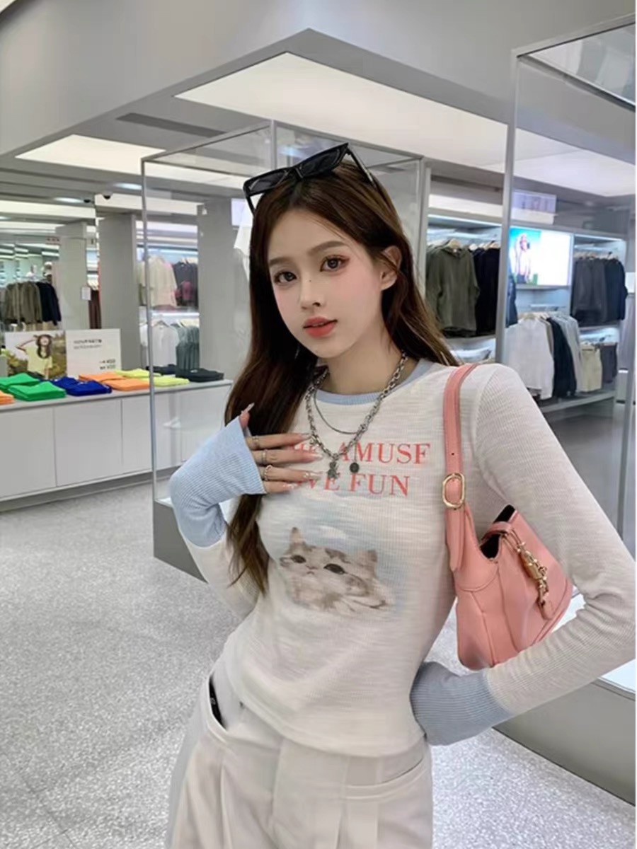 #ICE丝THREAD Slim-fitting cat print long-sleeved T-shirt tops for women