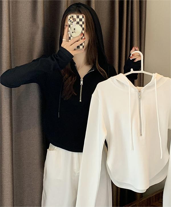 Big Fish Scale 2023 Spring and Autumn New Half-Zip Hooded Long-Sleeved T-Shirt for Women