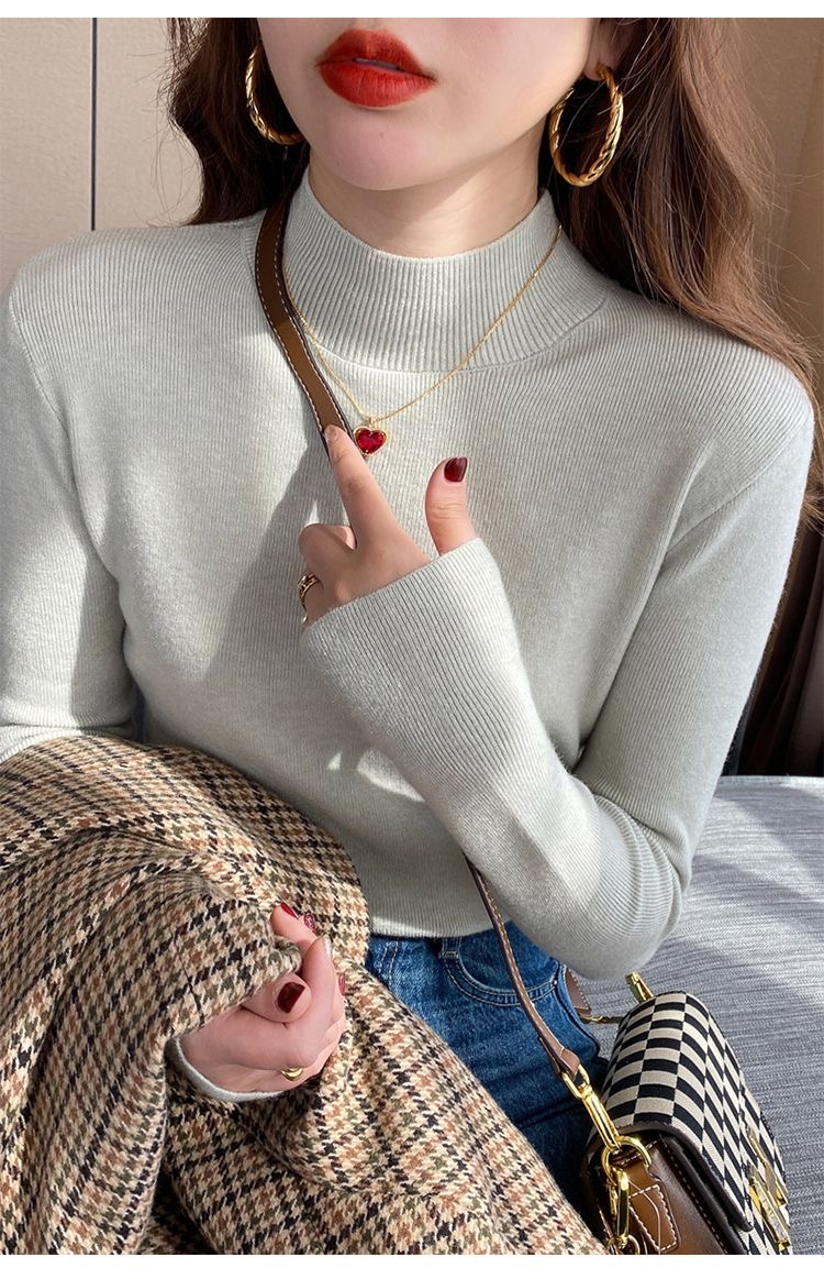 Women's knitted sweater half turtleneck bottoming shirt with autumn and winter style sweater new black early autumn top