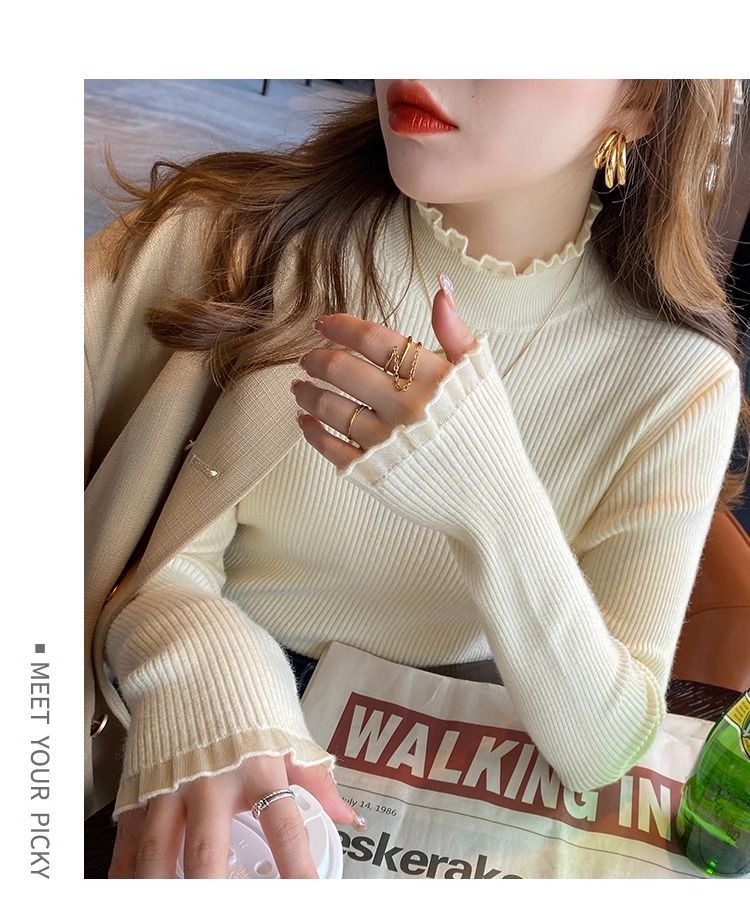 Half turtleneck sweater for women, autumn and winter suit, high-end mid-collar bottoming shirt, fake two-piece fungus-edged long-sleeved top