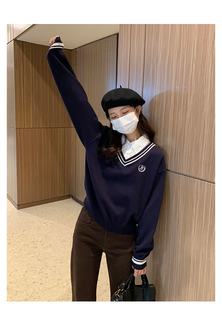 College style fake two-piece sweater 2022 autumn and winter new Japanese design niche long-sleeved top ins trend