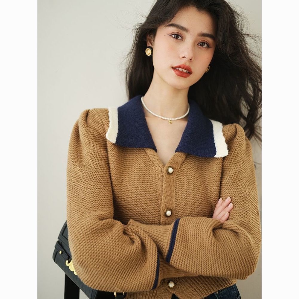Korean style contrasting color polo collar knitted cardigan women's top new puff sleeve elegant sweater jacket