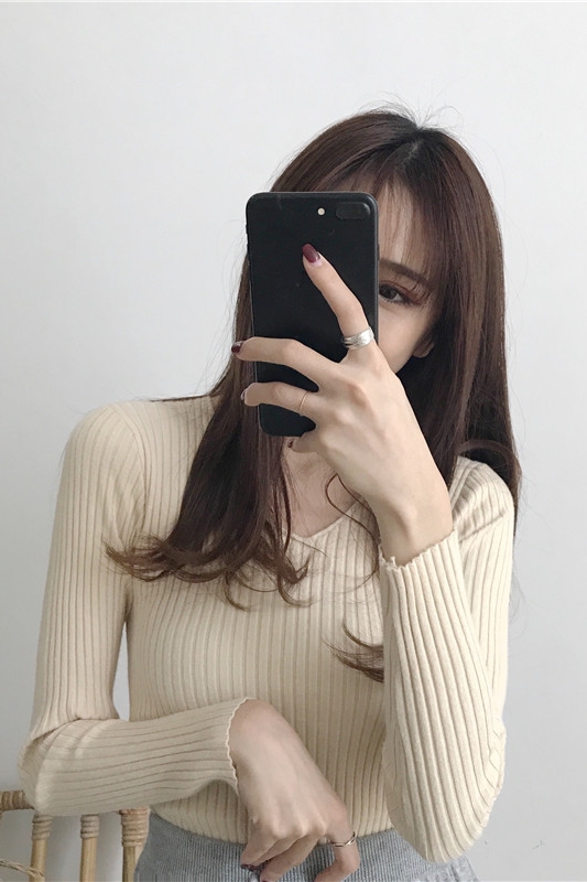 Core Spun Yarn#Official picture v-neck women's sweater bottoming shirt long-sleeved new fashion versatile bottoming shirt sweater trend
