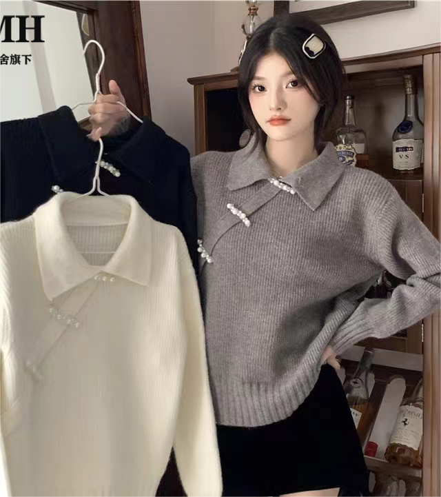 New Korean style lapel design loose pullover sweater for women autumn and winter lazy chic sweater top